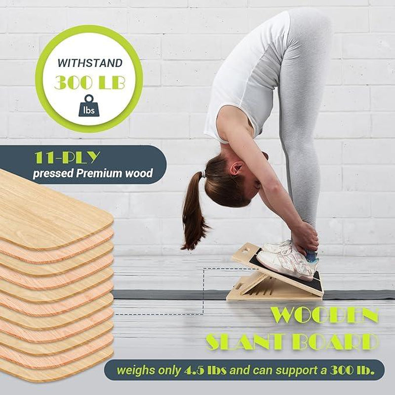 Slant Board for Calf Stretching, Adjustable Portable Wooden Incline Board for Calf Stretcher with Training Poster, 300 Lbs Weight Capacity Calf Stretch Wedge for Leg Exercise, Squat & Physical Therapy