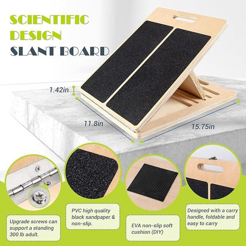 Slant Board for Calf Stretching, Adjustable Portable Wooden Incline Board for Calf Stretcher with Training Poster, 300 Lbs Weight Capacity Calf Stretch Wedge for Leg Exercise, Squat & Physical Therapy